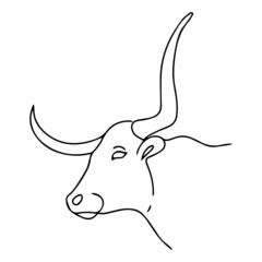 Linear illustration of a bull. Vector bull head with large strong horns. Cattle.