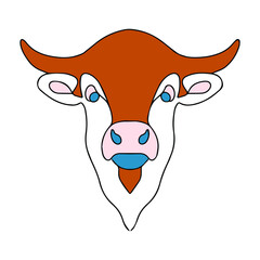 Vector stylized cow head. Simple linear illustration of a cow. Sketch of a hoofed animal tattoo. Colored cow print. Logo for dairy products or farm.