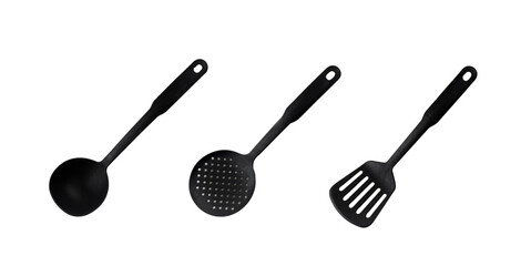Plastic black kitchenware collection isolated on white background