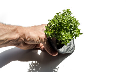 Fototapeta na wymiar Hand holding plant with white background green concept - Greek Basil