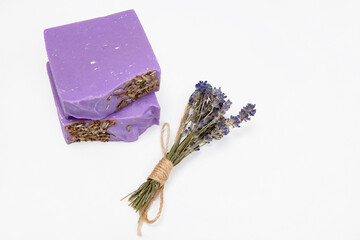 Handmade homemade soap with bundle and aroma lavender.