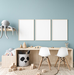 Picture frame mock up in nursery interior, wooden desk  on blue wall background, 3d render - obrazy, fototapety, plakaty