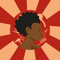 Black girl on the background of a comb and a hairdryer in a barbershop