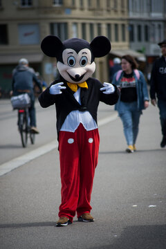 Basel - Switzerland - 6 August 2021 - portrait of man with mickey mouse costumestanding in the street