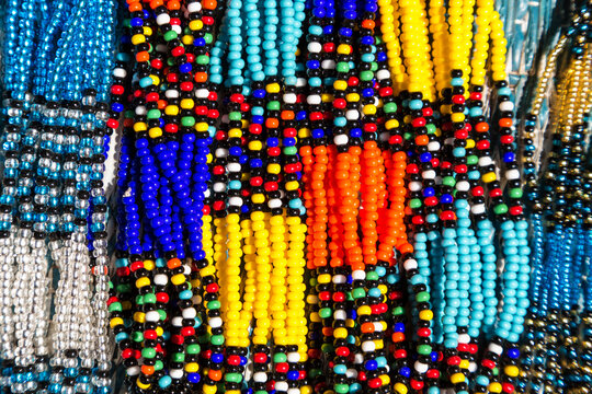 African tribal necklaces in vibrant colours. Traditional bead work.