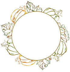 Watercolor silhouette pumpkins circle frame. Autumn harvest. Hand-drawn illustration. Fall template. Thanksging Day card.