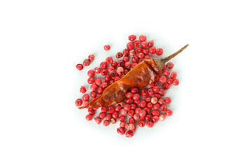 Pepper and peppercorns isolated on white background