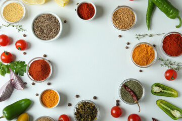 Concept of aromatic spices on white background
