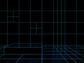 3D Black and blue geometric grid product stand mockup.