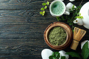 Concept of japanese tea with matcha on wooden table