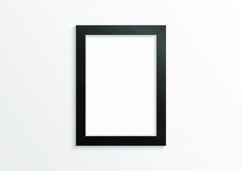 Black empty photo image frame. Mock up for composition object with shadow. Realistic vertical isolated template. Vector illustrator.