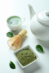 Concept of japanese tea with matcha on white background
