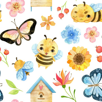 Watercolor seamless pattern. Beekeeping. Bee, butterflies, beehive, flowers.