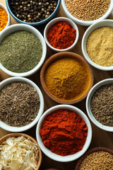 Set of different spices in sauce bowls