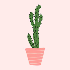 Minimalistic plant vector illustration. Cactus of houseplant in pink pot. Design concept for cover of notepad, notebook, label or card.