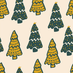 Seamless christmas background with cute christmas trees and falling snow