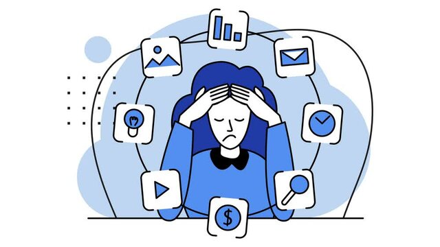Business woman feels anxiety and confusion due to fatigue, social pressure, many tasks. Burnout at work. Mental disorder and chaos in mind. Disappointment. 2d flat animation. Blue colors. Looped video