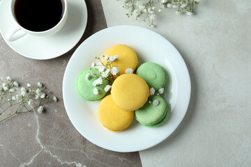Concept of tasty dessert with delicious macaroons