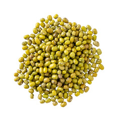 Raw organic mung bean grains on white background. Pile raw mung bean isolated. Top view