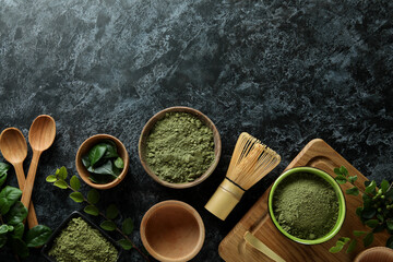 Concept of japanese tea with matcha on dark table