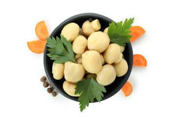 Bowl of marinated mushrooms isolated on white background