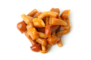 Tasty marinated mushrooms isolated on white background