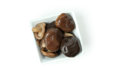Tasty marinated mushrooms isolated on white background