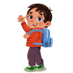 Back to school concept, a little boy with a backpack looks at us and waves his hand and smiling. Vector illustration.