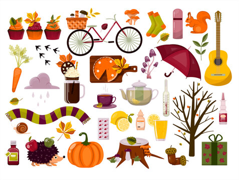 Big vector autumn set. Cartoon cliparts. Template backgrounds with pupmkin pie, hot spiced tea and autumn leaves. Flat design illustration