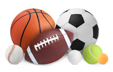 Group of different sport balls on white background