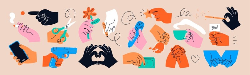 Big set of Colorful Hands holding stuff. Different gestures. Hands with cup, magic wand, banner, money, wine glass, microphone, star, etc. Hand drawn Vector illustration. All elements are isolated - obrazy, fototapety, plakaty