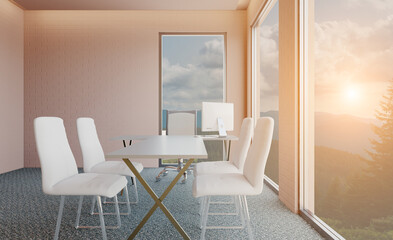 Open space office interior with like conference room. Mockup. 3D rendering.. Sunset.