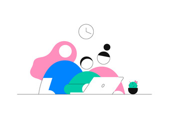 Teamwork concept vector illustration. Colleagues, two women and a man, working together at the computer in the office. Business concept.	