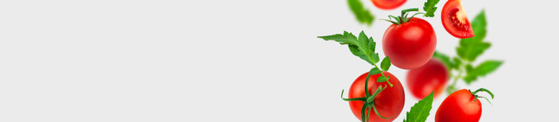 Creative food concept. Flying red ripe juicy tomatoes and green leaves on gray background. Healthy vegan organic food, vegetable, cherry tomatoes, summer, harvesting. Tomatoes pattern. Banner