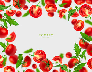 Creative food concept. Flying red ripe juicy tomatoes and green leaves on gray background. Healthy vegan organic food, vegetable, cherry tomatoes, summer, harvesting. Tomatoes pattern