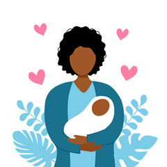 Mom and child concept vector on white background. African mother holding newborn baby in her arms. Happy Mother’s Day.