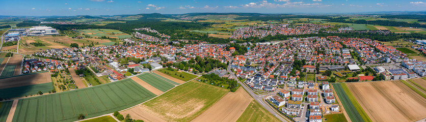 Aerial view around the city Sachsenheim in Germany on a sunny day in summer. - obrazy, fototapety, plakaty
