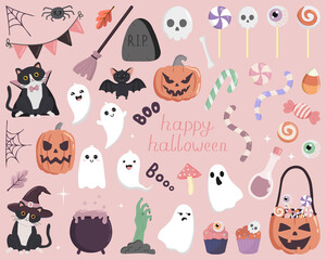 Halloween set isolated on pink background. Perfect for holiday decoration, stickers.  Vector collection of Halloween theme elements.