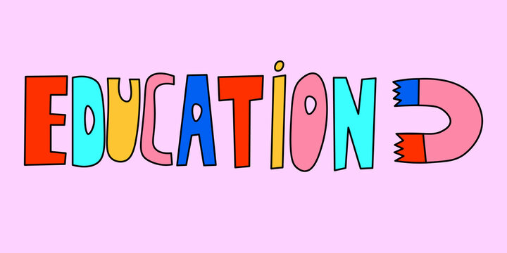 vector  rainbow sticker for work and study - education.nostalgia hand drawn font.Lettering typography in the psychedelic hippie style of the 70s and 80s.Rainbow sticker for social media stories