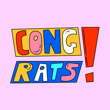 vector sticker-congrat.Lettering for study and education.Nostalgia hand drawn font.Typography in the psychedelic hippie style of the 70s,80s.Childish rainbow word for print and silhouette plotter