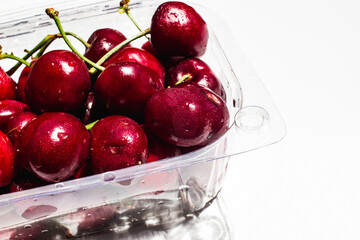 Sweet tasty cherries in a plactic container - Ferrovia Cherry a variety of sweet chery with its distinctive red wine colour 
