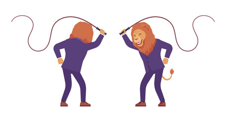 Male lion, large wild animal head, tail human whip swing. Strong dangerous business person with great physical power, courage, office king. Vector flat style cartoon illustration, front and rear view