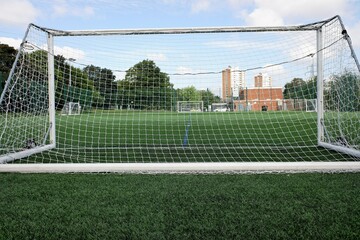 Soccer goal on a 3G artificial grass pitch at Meriden Community Centre, Watford