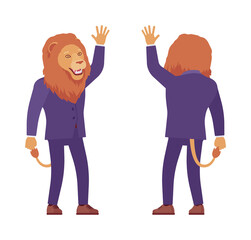 Obraz premium Male lion, large wild animal head and tail human waving. Strong dangerous business person with great physical power, courage, office king. Vector flat style cartoon illustration, front and rear view