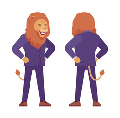 Fototapeta premium Male lion, large wild animal head and tail human standing. Strong dangerous business person with great physical power, courage, office king. Vector flat style cartoon illustration, front and rear view