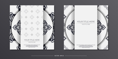 Luxurious White Postcard Template with Vintage Black Ornament. Print-ready invitation design with mandala patterns.