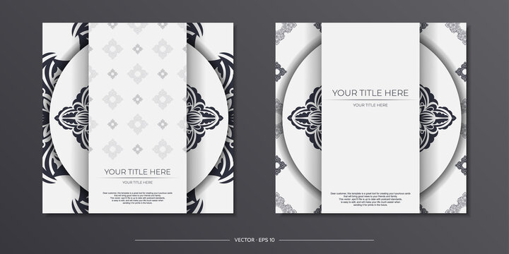 Luxurious White Postcard Template with Vintage Black Ornament. Print-ready invitation design with mandala patterns.