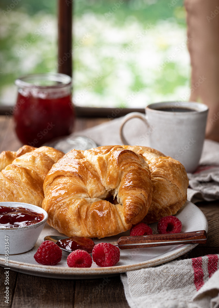 Wall mural Croissants With Raspberry Preserves and Fresh Raspberries