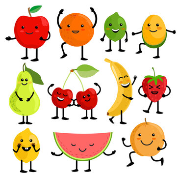 Fruits for kids. Cute fruit characters vector illustration, healthy juice cartoon kawaii summer fruits isolated on white background