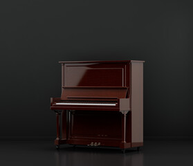 Music instriument, vintage wooden console piano, upright piano in a dark studio, 3d rendering